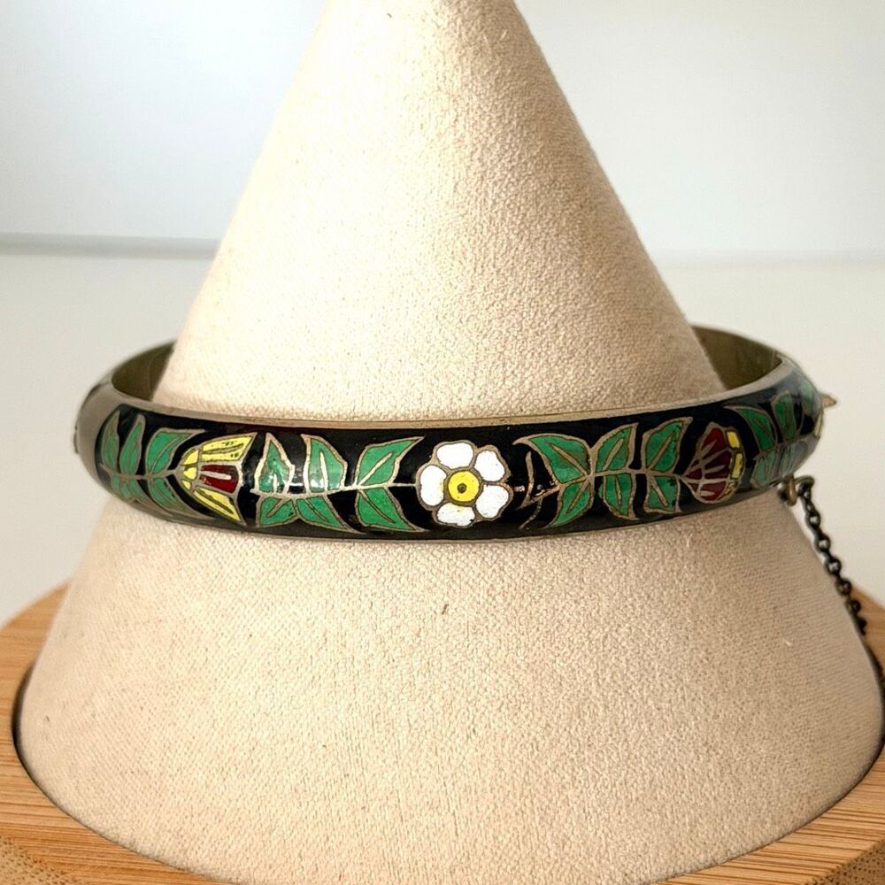 Vintage Cloisonné Floral Enamel Hinged Bangle Bracelet Safety Chain